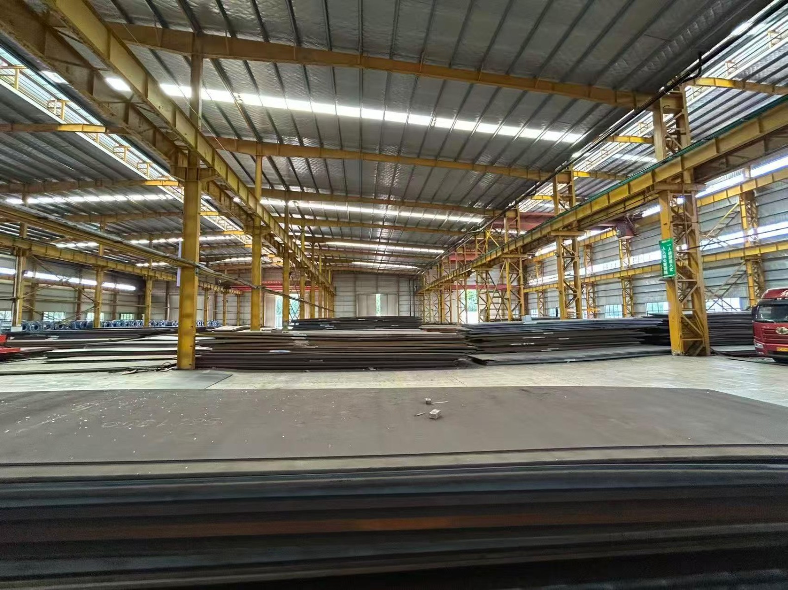 Steel plates in an industrial warehouse